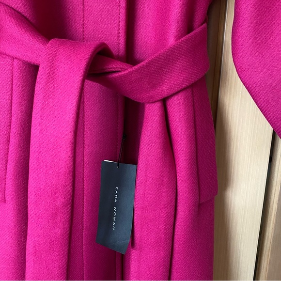 Zara puff sleeve wool blend belted coat fuchsia pink - Picture 8 of 15